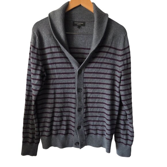 Banana Republic Mens Size M Gray Striped Shawl Collar Merino Wool Cardigan - Picture 1 of 9